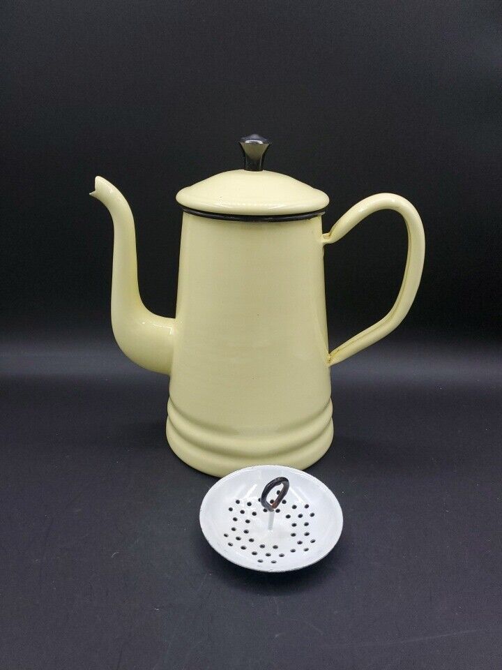 Vintage French Style Gooseneck Enamel Yellow Coffee Pot Pitcher Home Decor