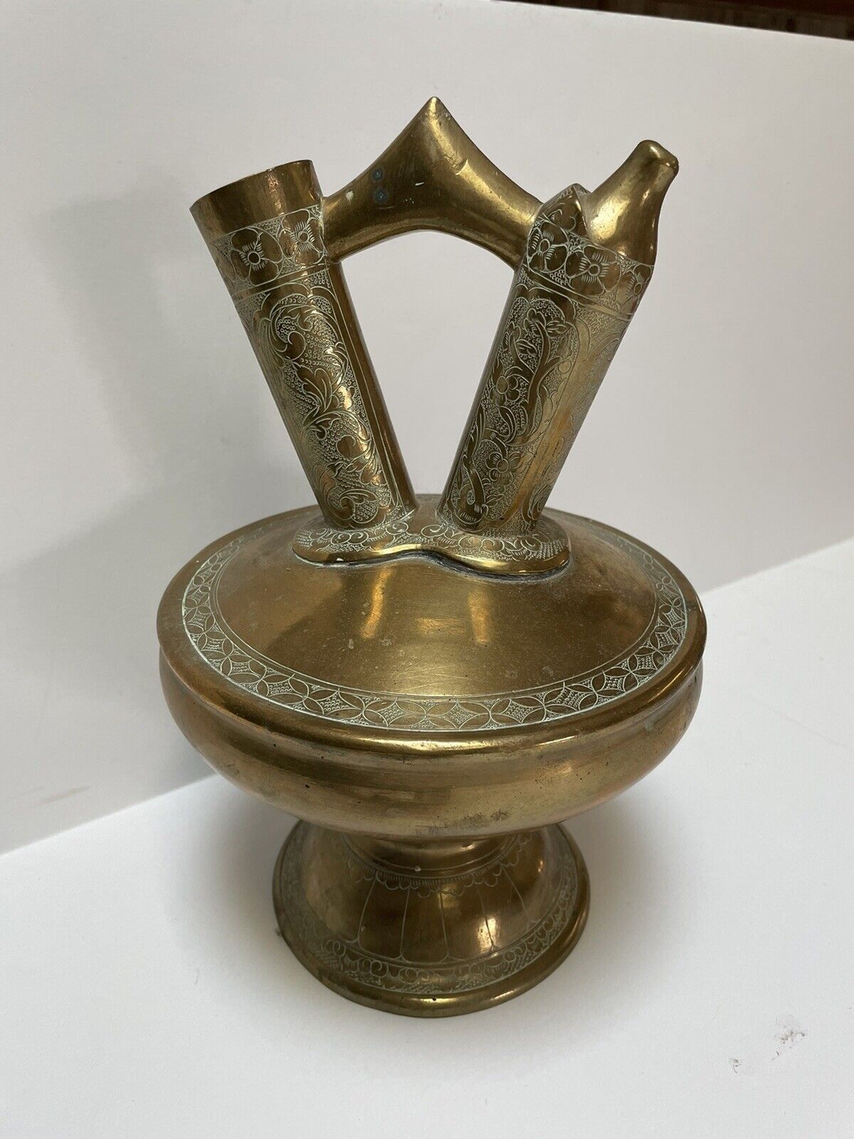 Vintage India Solid Brass Bud Vase Water Can OPIUM Pot Design Home Metal 11in 
