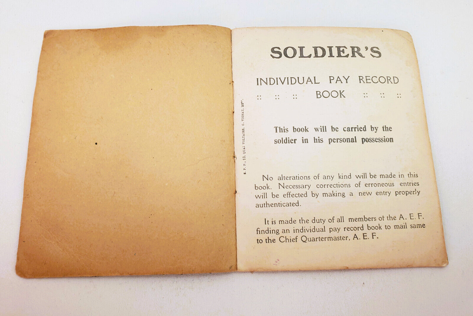 Antique Vintage WW1 US Soldiers Individual Pay Record Book  WWI