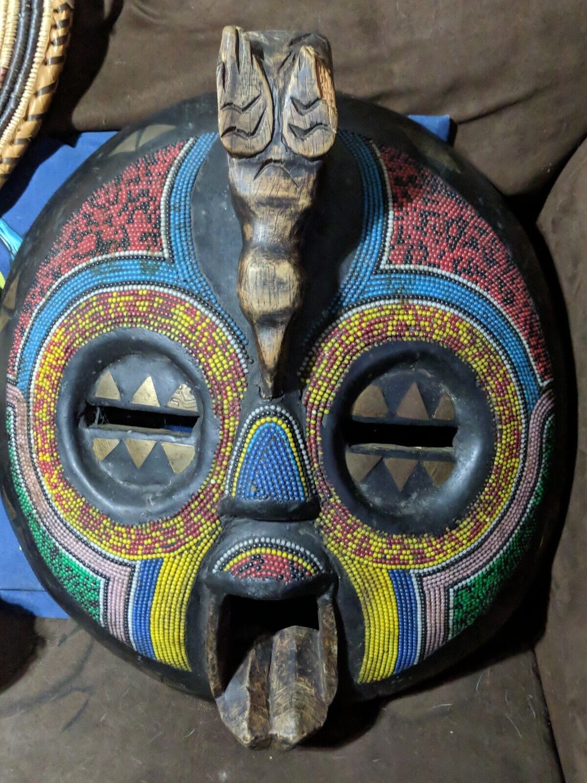 Rare Vintage Hand Carved African Tribal Mask with Beads Hoodoo Vodou