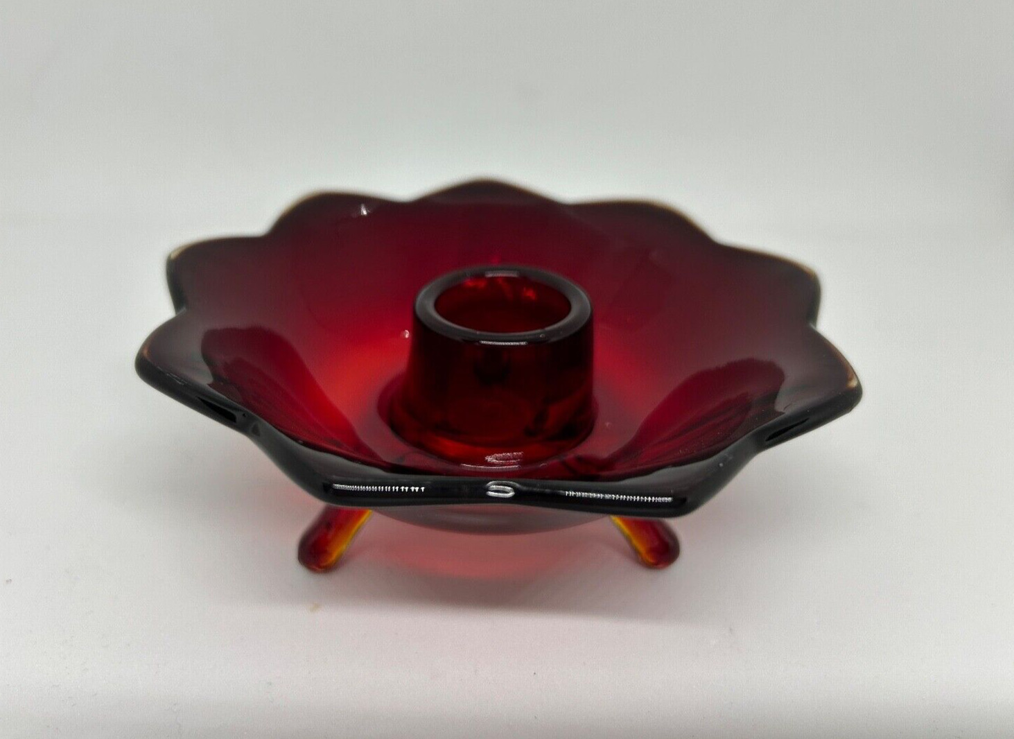 Vintage Fenton Ruby Red Amberina Glass Lotus Taper Candleholder - Footed