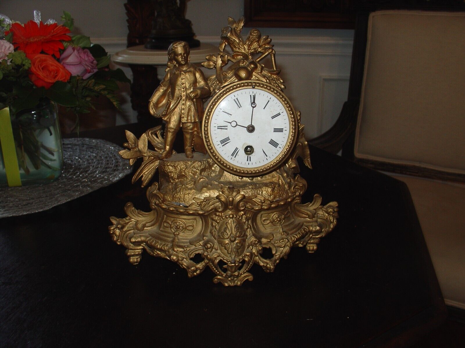 Antique Japy Freres Style Clock Cast Gold Gilt Tone Metal Figural for parts