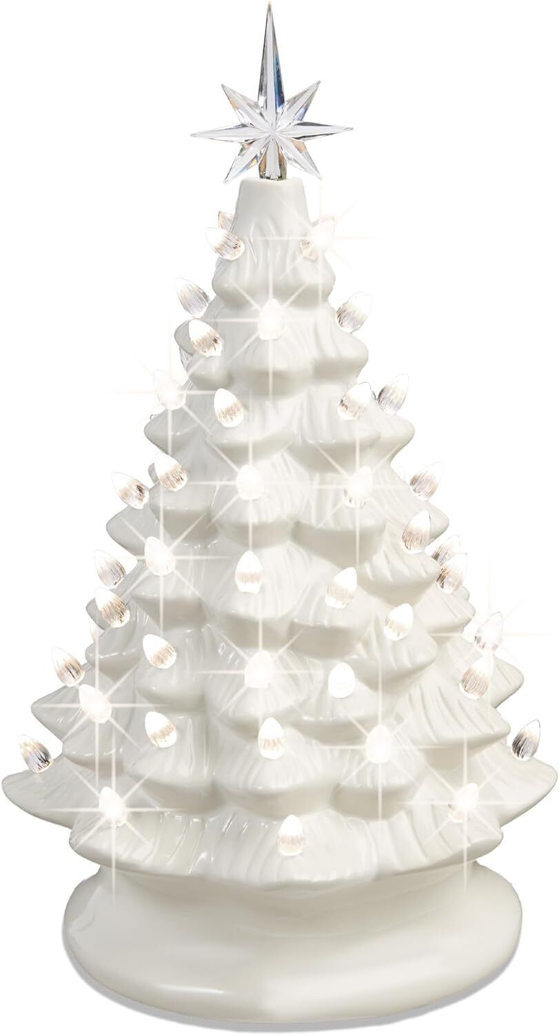 Ceramic Lighted Christmas Tree, Large White Tabletop Tree/Clear Lights - 15.5\