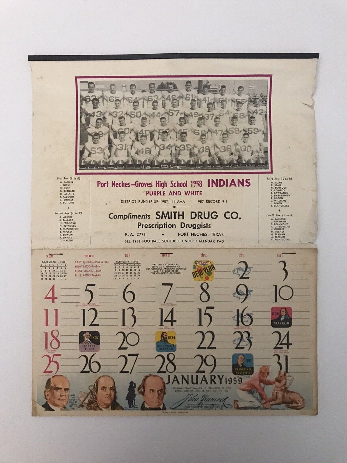 Antique Port Neches-Groves Texas High School Calendar 1959 Indians RARE