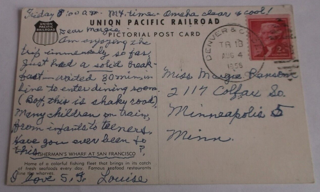 AUGUST 1956 UNION PACIFIC DENVER & OGDEN TRAIN #18 RPO COMPANY POST CARD