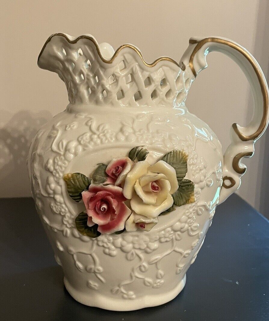 Vintage Chinese Decor Rose And Lattice Pitcher