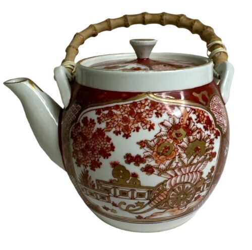 Old Vintage Dopin Japanese Porcelain Teapot Red With Gold Accents Hand Painted