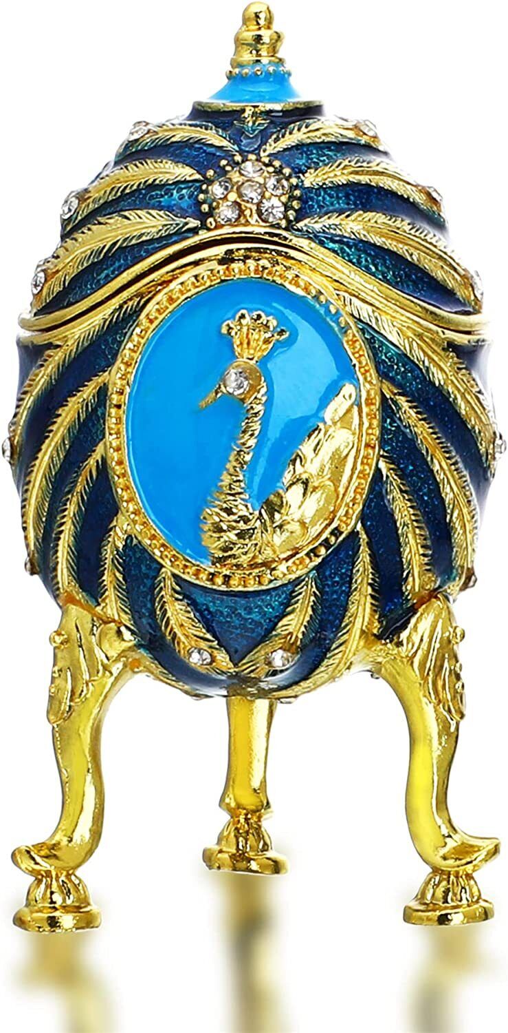 Jeweled Faberge Egg Trinket Boxes Hinged Golden Metal Peacock Decor Jewelry Blue