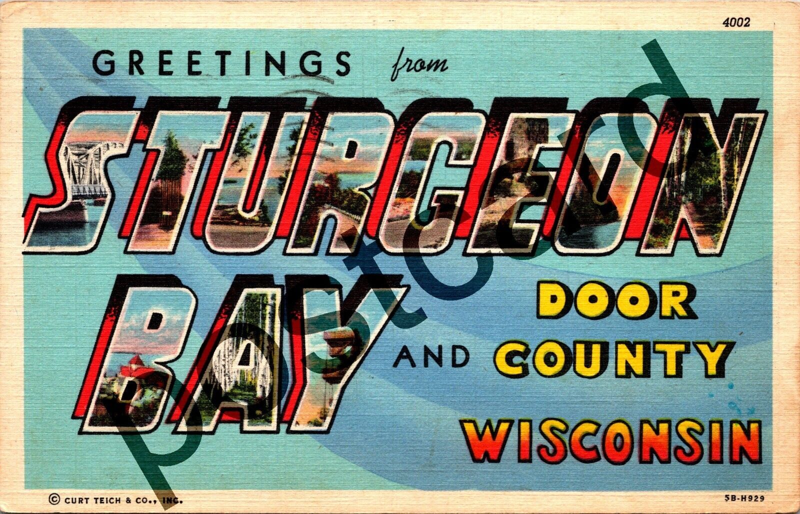 Greetings from STURGEON BAY WI, 1945?, large big letters, postcard jj186
