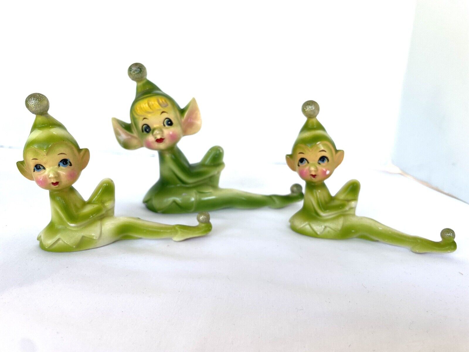 Group Of 3 - 1960’s Vintage Christmas Japan Ceramic Green Elves Pixies