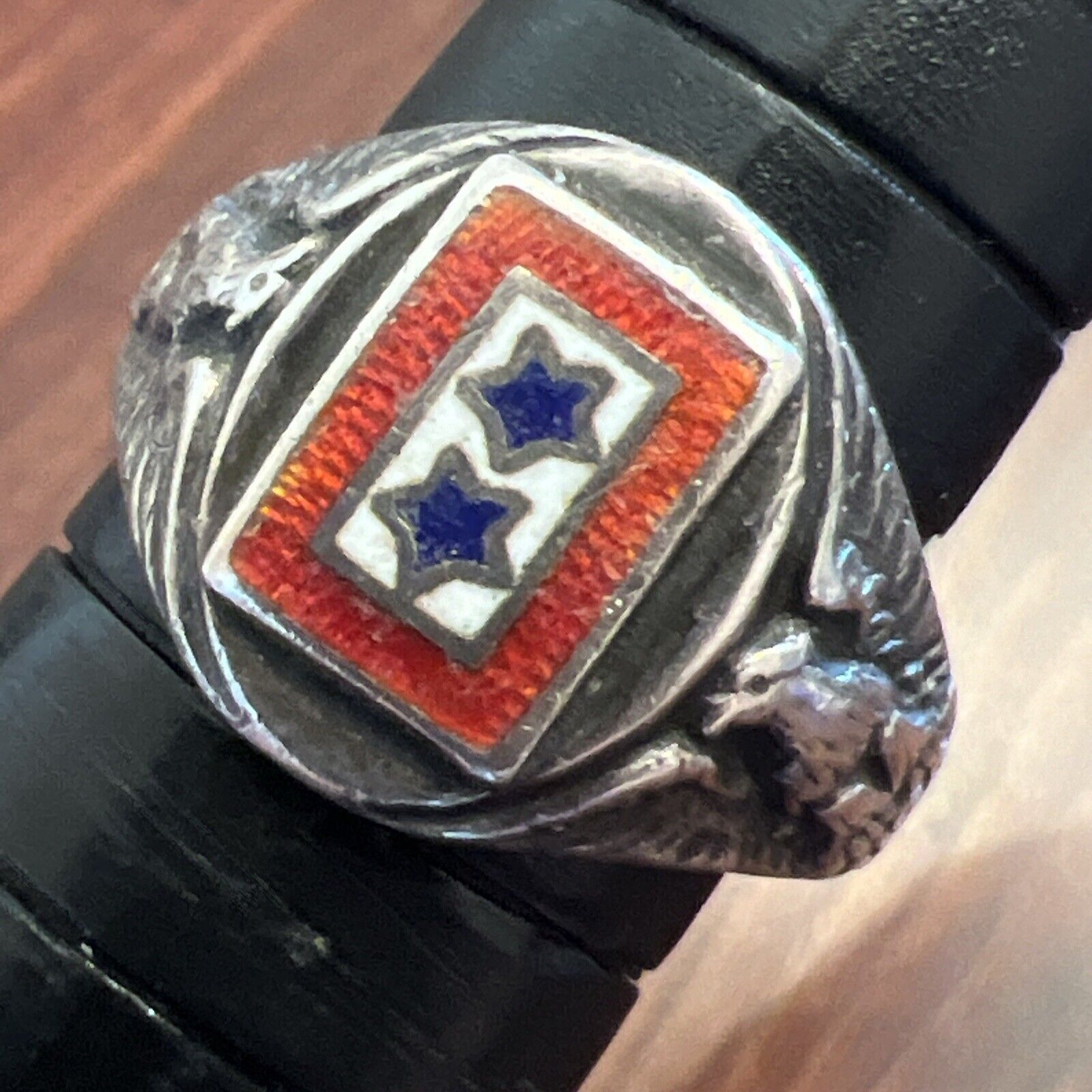 Antique WWI Sons In Service Sterling Enamel Two Stars Ring Sz 4.75 Patent 1917