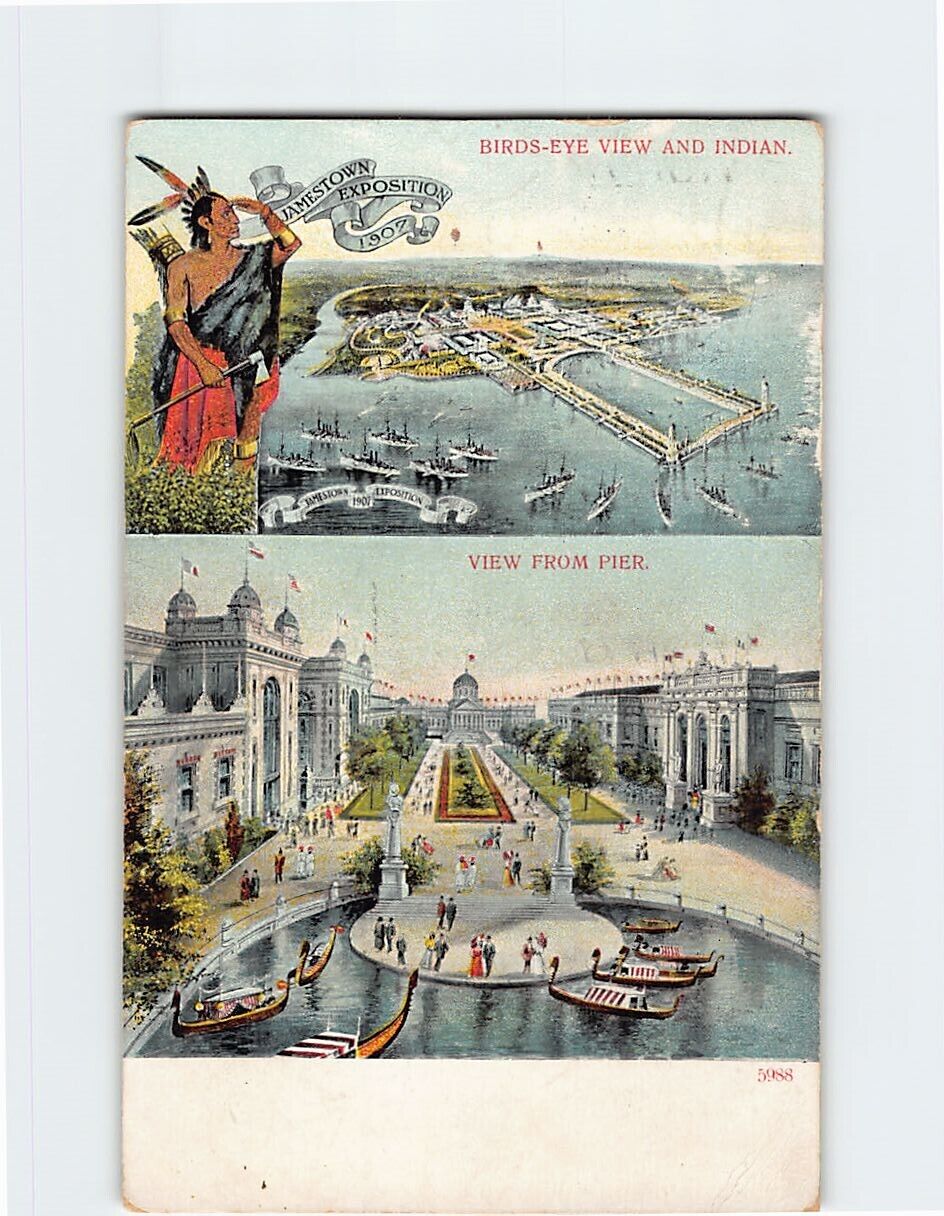 Postcard Birds-Eye View and Indian and View from Pier