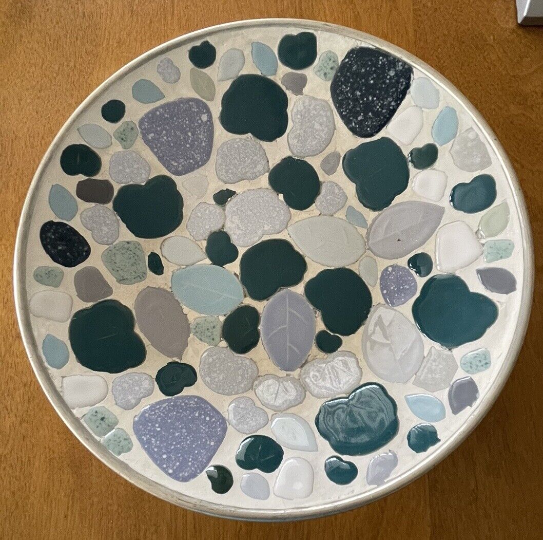 Mid Century Modern Centerpiece 10” Grey Blues Mosaic Tile Bowl Bohemian 1960s