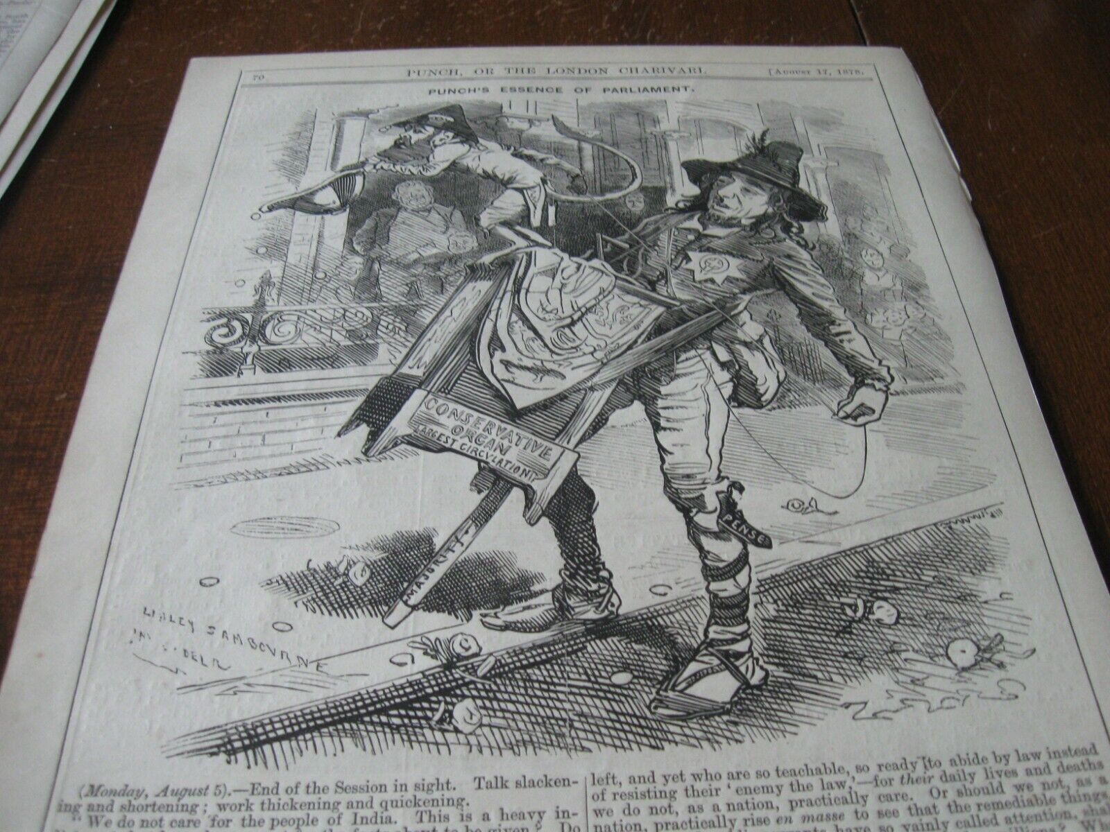 1878 Original POLITICAL CARTOON - ORGAN GRINDER w MONKEY British PARLIAMENT