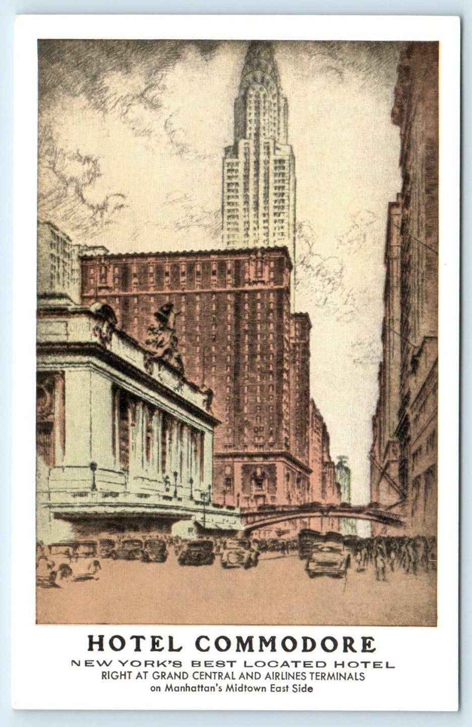 NEW YORK, NY  Artist\'s View HOTEL COMMODORE  c1930s Cars Lumitone Postcard