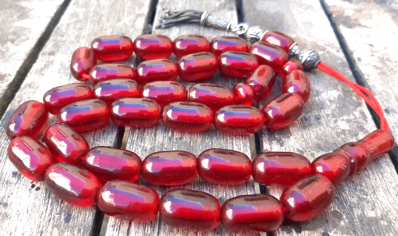 Vintage Rossary Red Faturan Handmade Bakelite Islamic Prayer 33 Beads 71gr Use