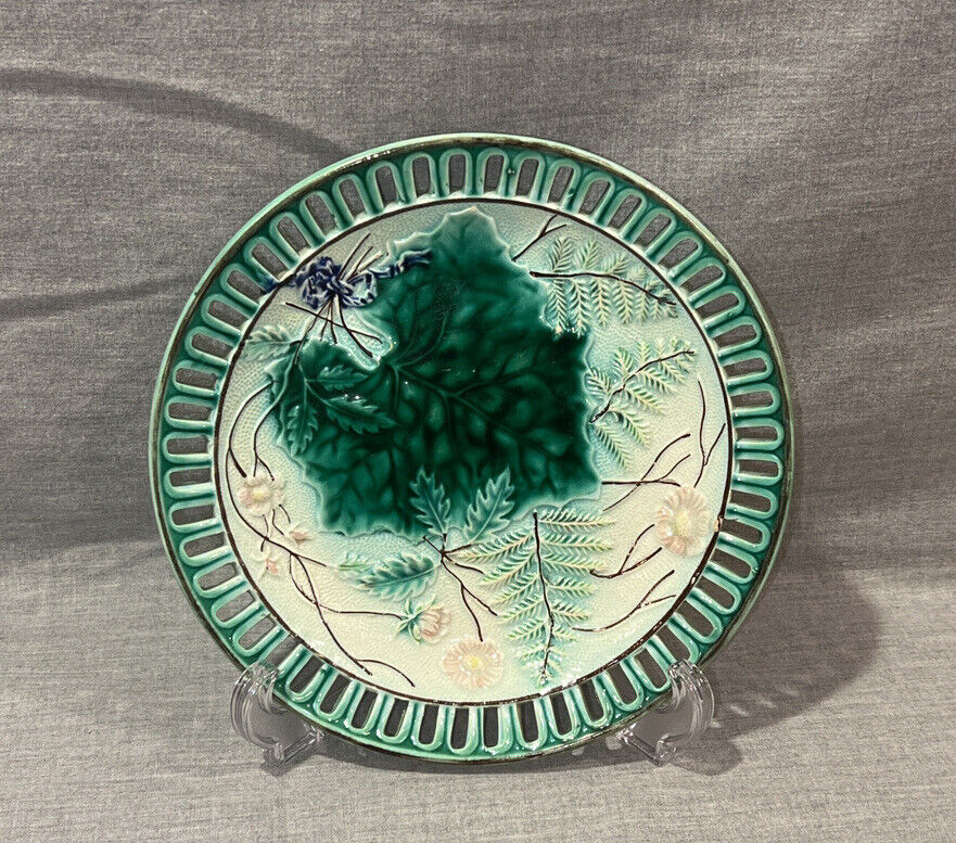 SALE Antique Majolica Reticulated Ferns & Floral Plate c.1800\'s RARE