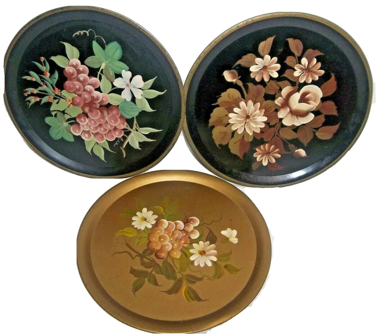 3 Vintage Pilgrim Art Hand Painted Round Metal Trays Platters Floral Grapes Vtg