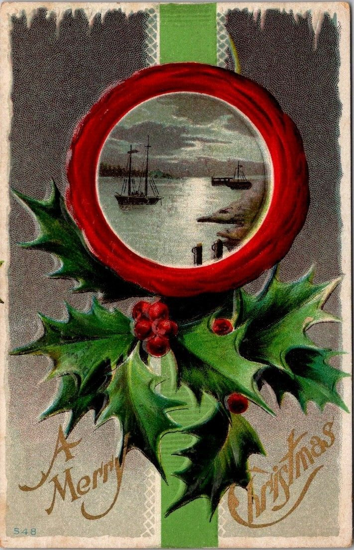 Postcard Merry Christmas Ships 1914 American Red Cross Xmas Seal c1910s Embossed