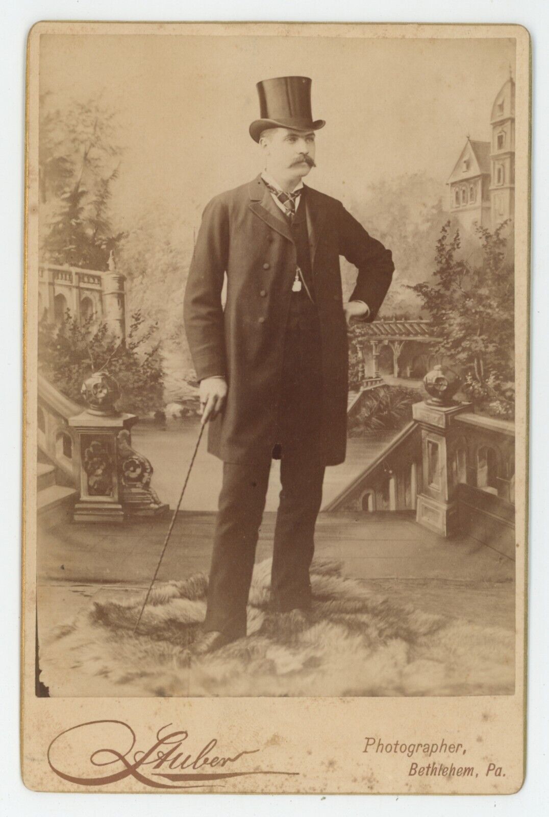 Antique Circa 1880s Cabinet Card Dapper Man With Mustache Cane Hat Bethlehem, PA