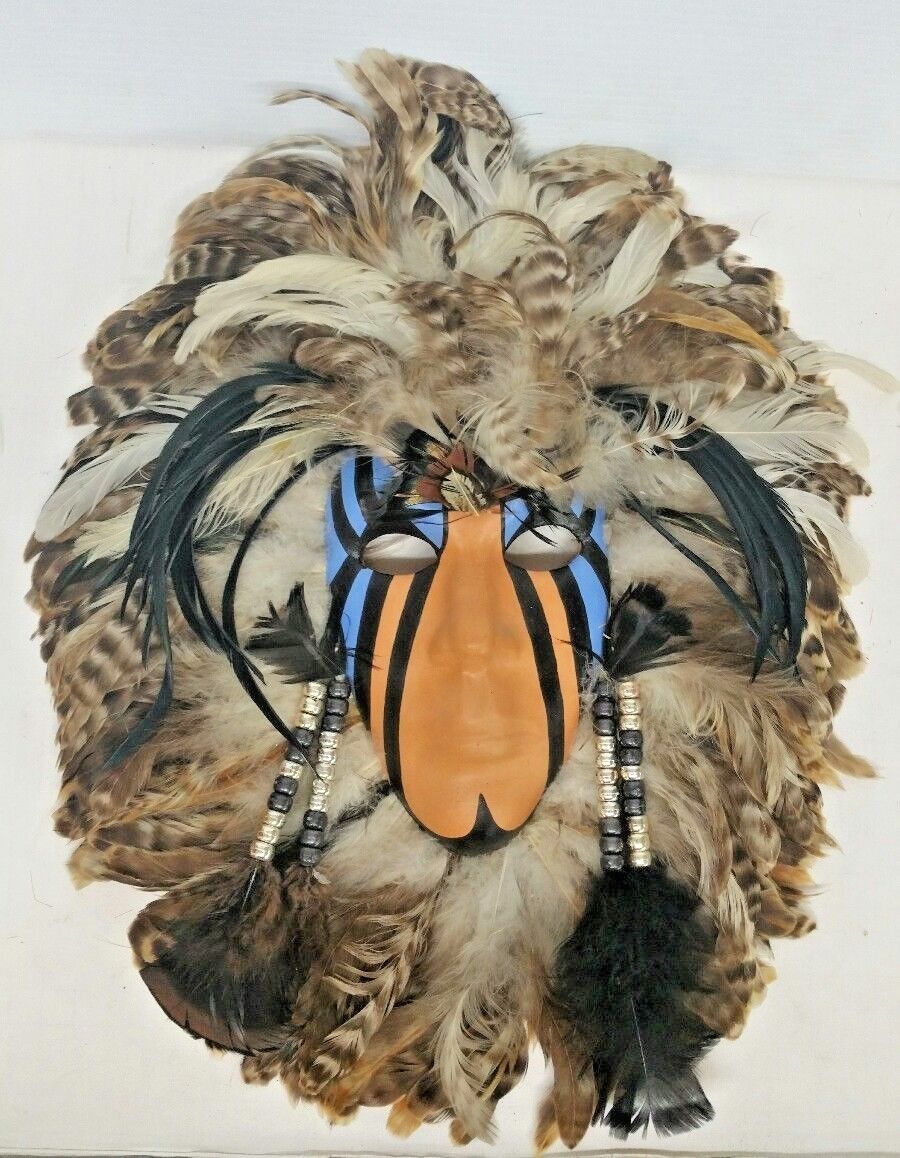 Vintage Native Tribal Mask Feathers Beads Signed RWA 89