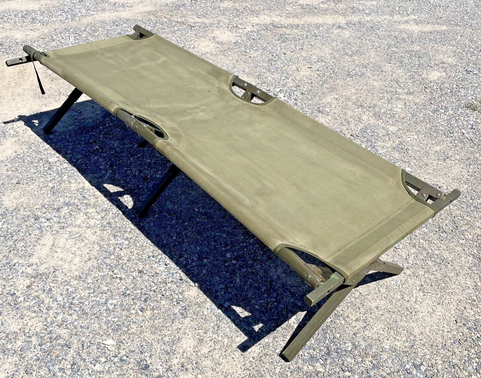 Vintage 1945 WWII U.S. Military Green Wooden Frame Canvas Folding Cot, Complete