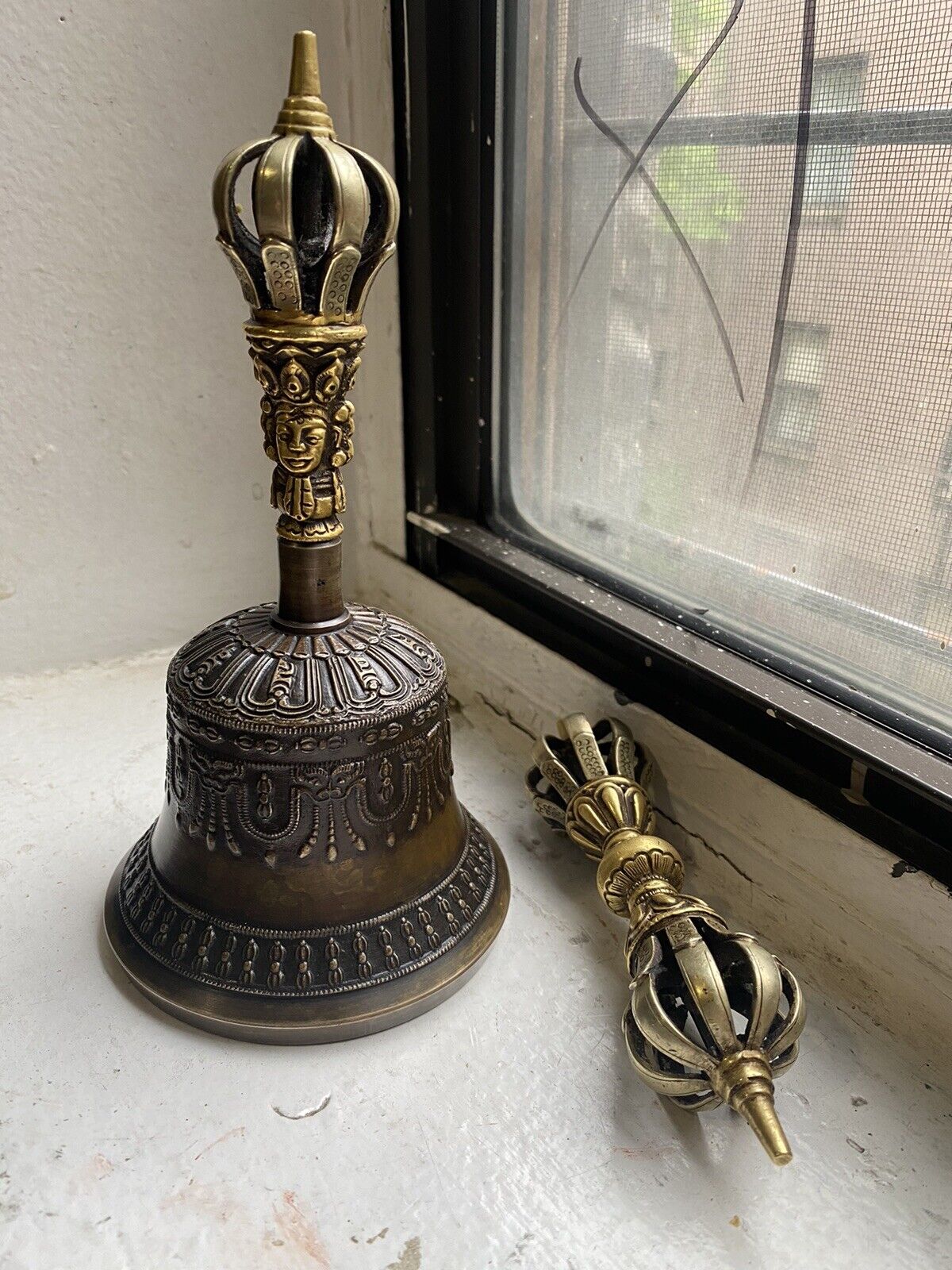 Tibetan Buddhist 9 Pronged  3 Metal Bell 7”and Vajra/Dorje (Medium)