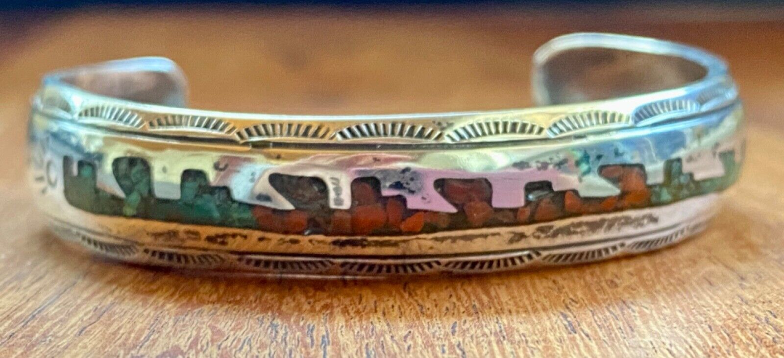 Old Navajo Native American Sterling Chip Inlay Bracelet Signed TW-Fine Work