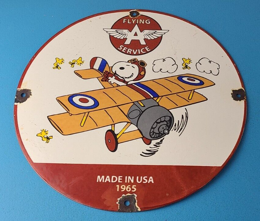 Vintage Flying A Gasoline Sign - Snoopy Sign - Service Gas Pump Porcelain Sign
