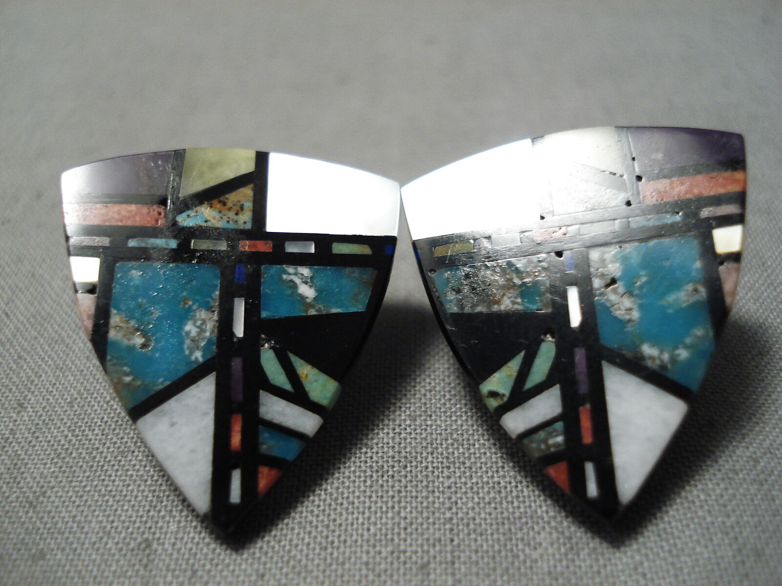 IMPORTANT SANTO DOMINGO INLAY MASTER TURQUOISE STERLING SILVER EARRINGS