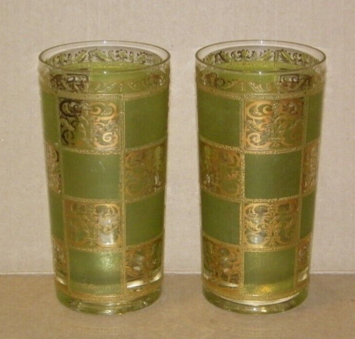 Vintage Culver Ltd Green & Gold Highball Glasses / Tumblers c. 1960's MCM