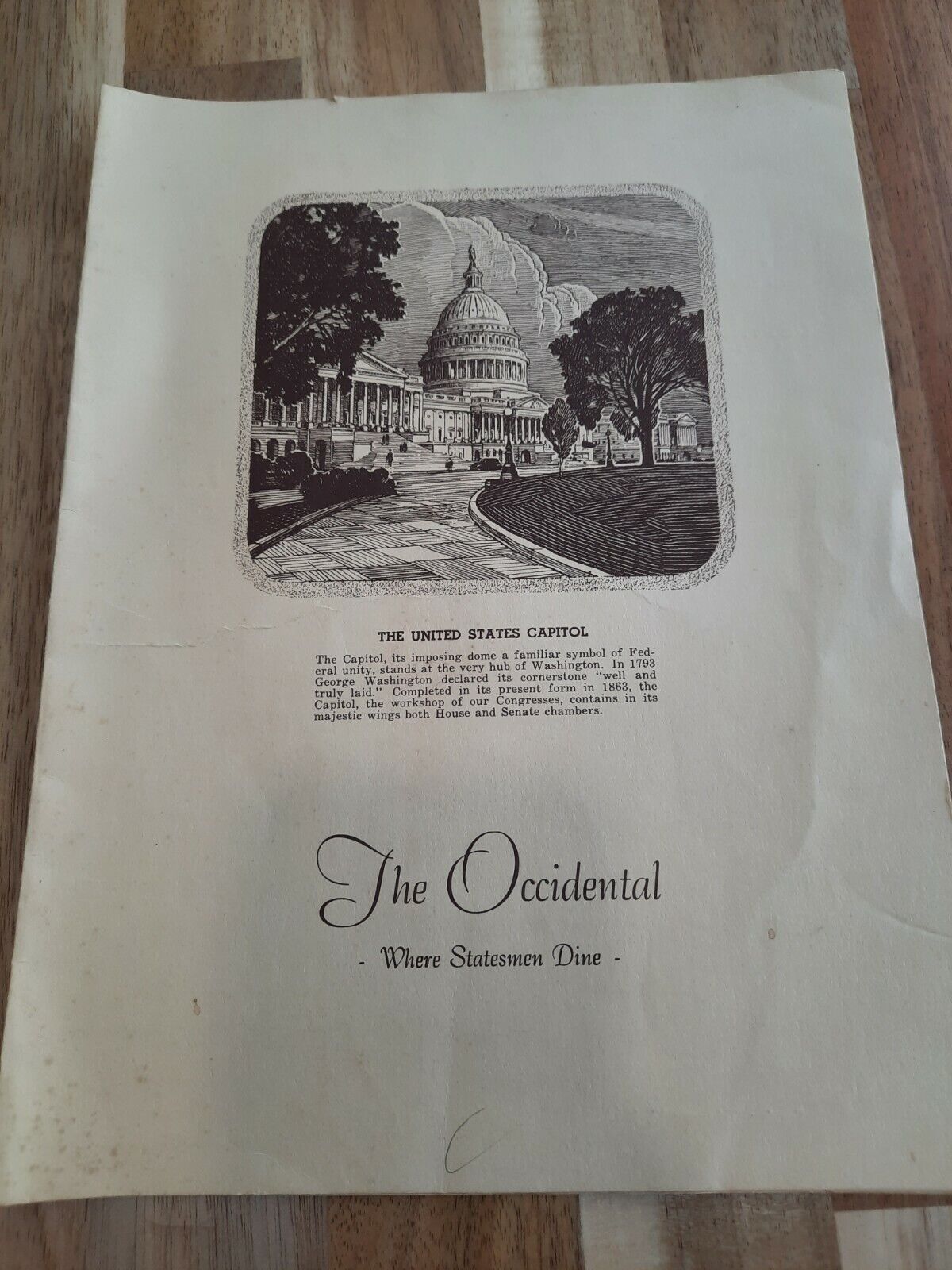 The Occidental Menu  1952 Washington DC The United States Capitol Cover Vintage