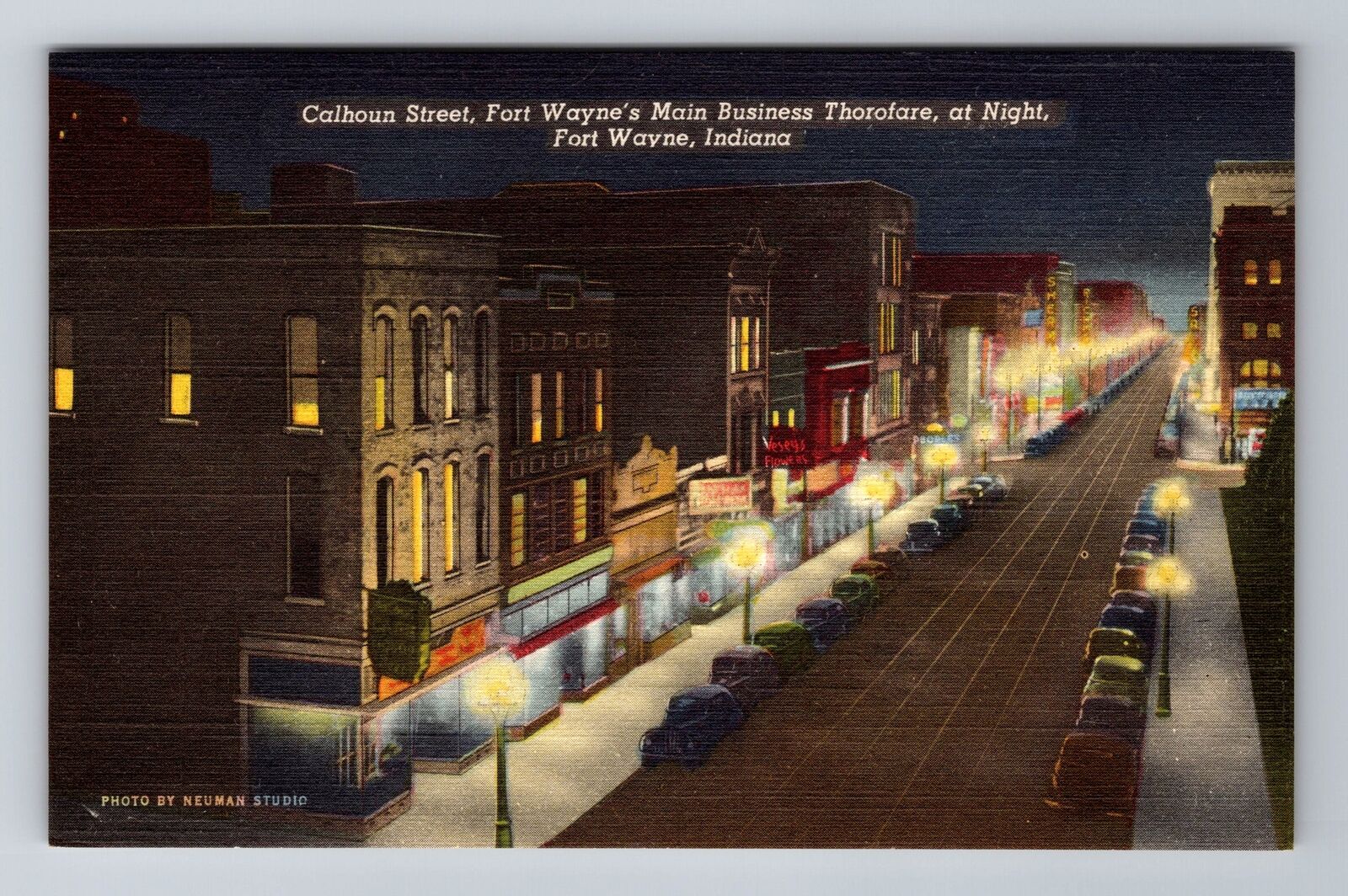 Fort Wayne IN-Indiana, Calhoun Street At Night, Antique Vintage Postcard