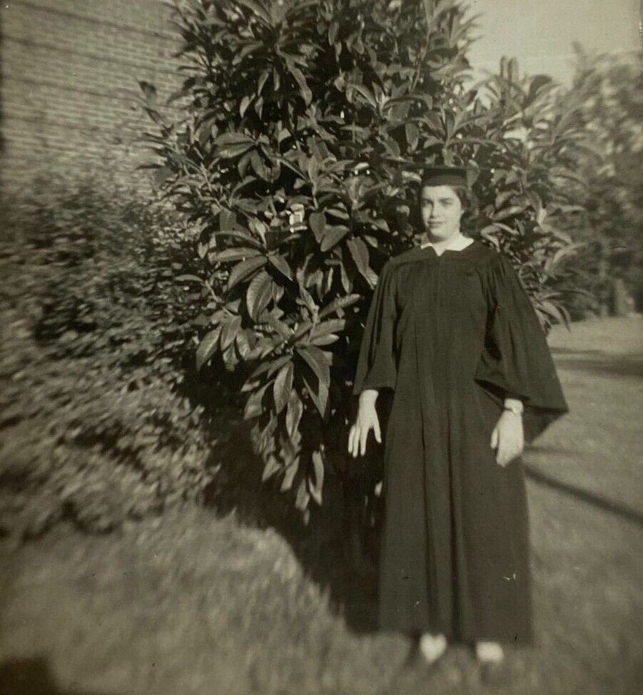 Woman In Graduation Cap & Gown Standing By Tree B&W Photograph 3 x 4