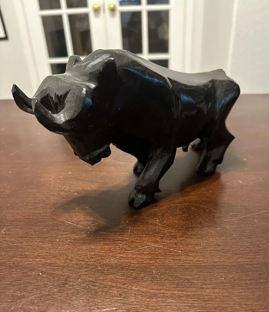 Rare Vintage Hand Carved Black Onyx Stone Bull One-Of-A-Kind, Heavy 4.43 lbs