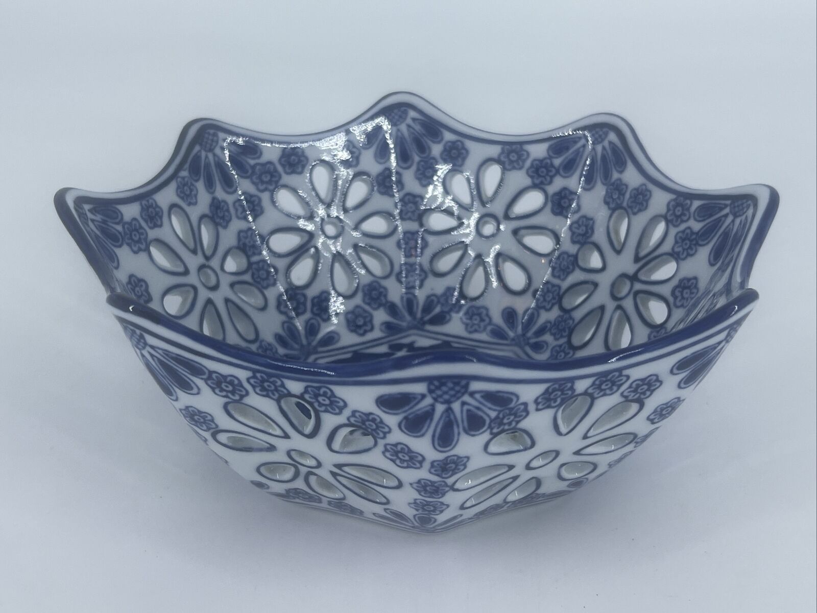 Blue & White Lotus Octagon Bowl 8”x3.25”
