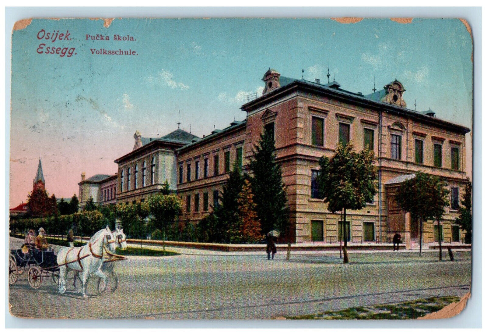 Osijek Croatia Postcard Public Elementary School 1913 Horse Carriage Posted
