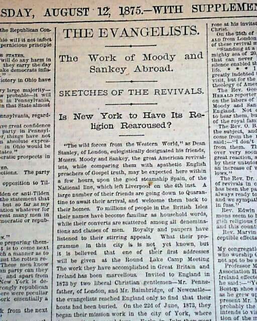 Ira D. & Dwight Lyman MOODY AND SANKEY Evangelists Campaigns 1875 NYC Newspaper