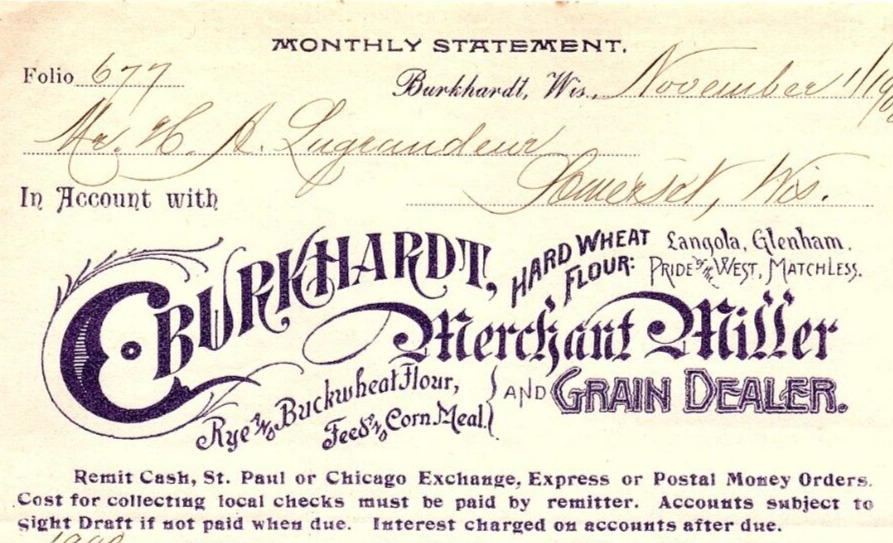 1900 BURKHARDT WISCONSIN C. BURKHARDT GRAIN DEALER BILLHEAD STATEMENT Z648