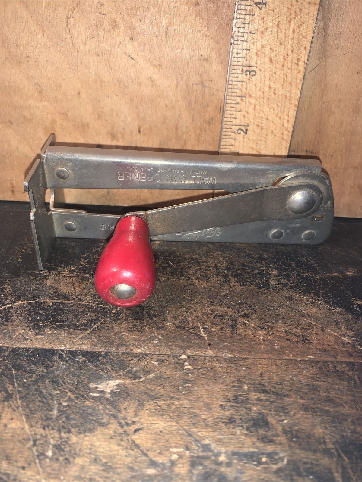 Vintage VAUGHANS -CAN OPENER- Wall Can Opener. Safety Roll Junior Red Handle