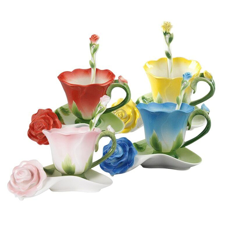 4pcs Set 3D Rose Flower Enamel Ceramic Coffee Tea Cup Saucer Spoon Porcelain Cup