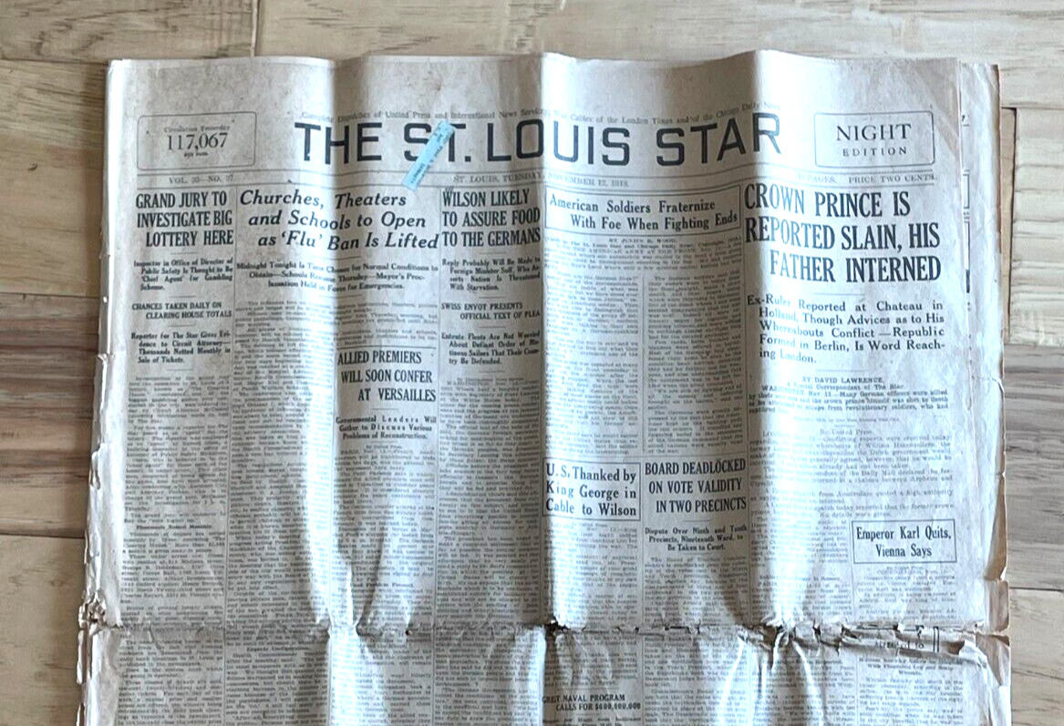 Nov 12, 1918 St. Louis Star NEWSPAPER End of World War One WWI & Spanish Flu