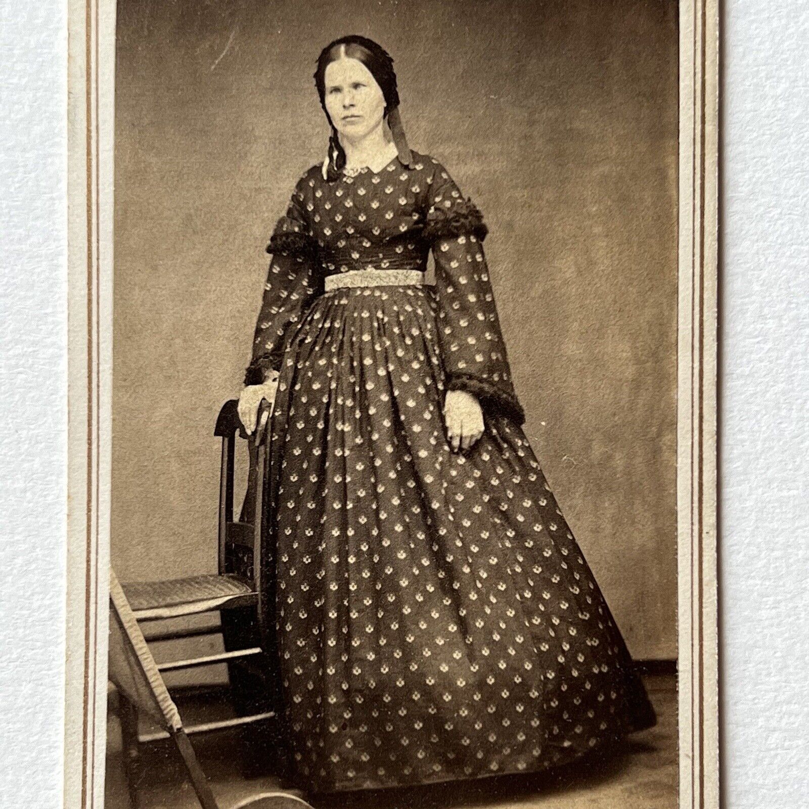 Antique CDV Photograph Lovely Woman Civil War Era Wonderful Print Dress Spooky