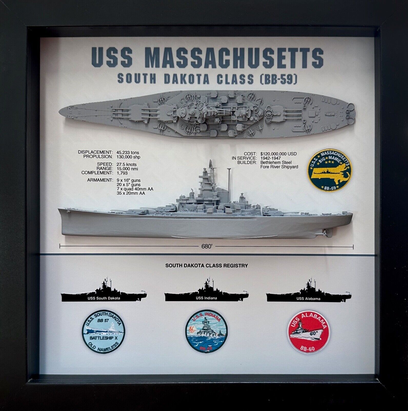 USS Massachusetts Display Box, BB-59, North Dakota Class, WW2, 9\