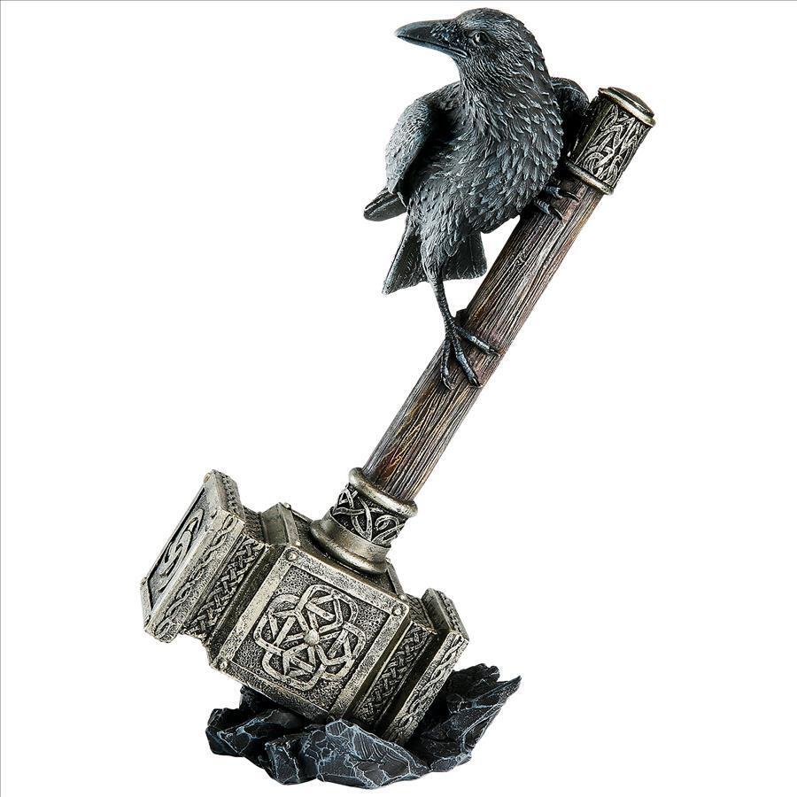 Norse God of Thunder\'s Hammer Mjolnir with Raven Perched Spirit Guide Statue