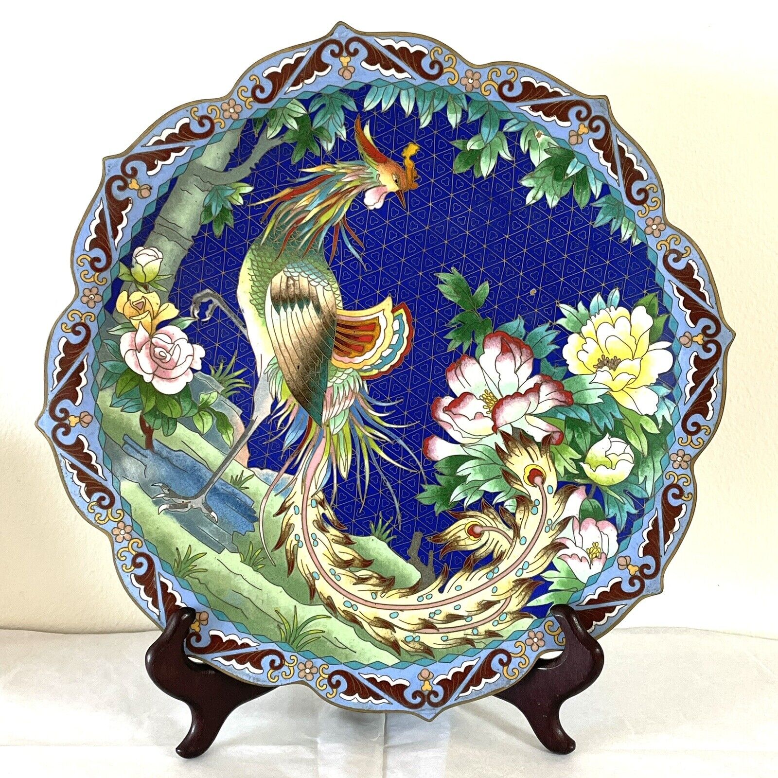12.25 Inches Wide Vintage Chinese Cloisonne Phoenix Floral Charger 