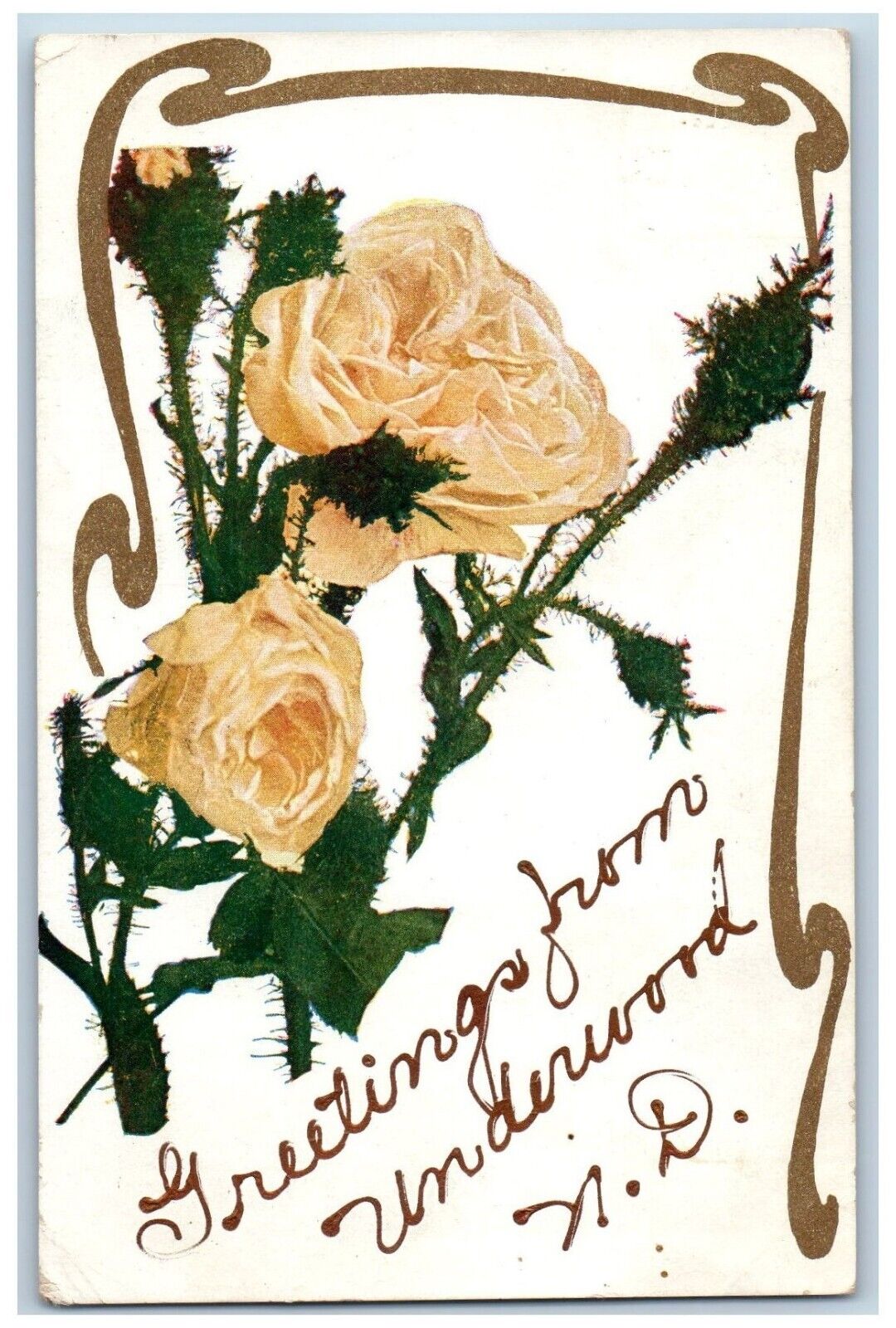 Underwood North Dakota ND Postcard Greetings Roses Glitter 1908 Vintage Antique