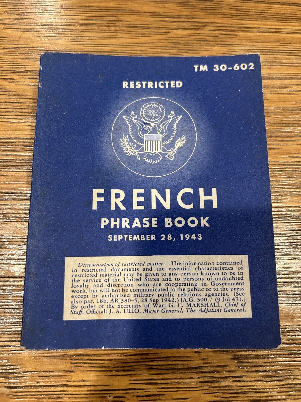 WWII French Phrase Book Restricted TM 30-602 War Department 1943 US Military WW2