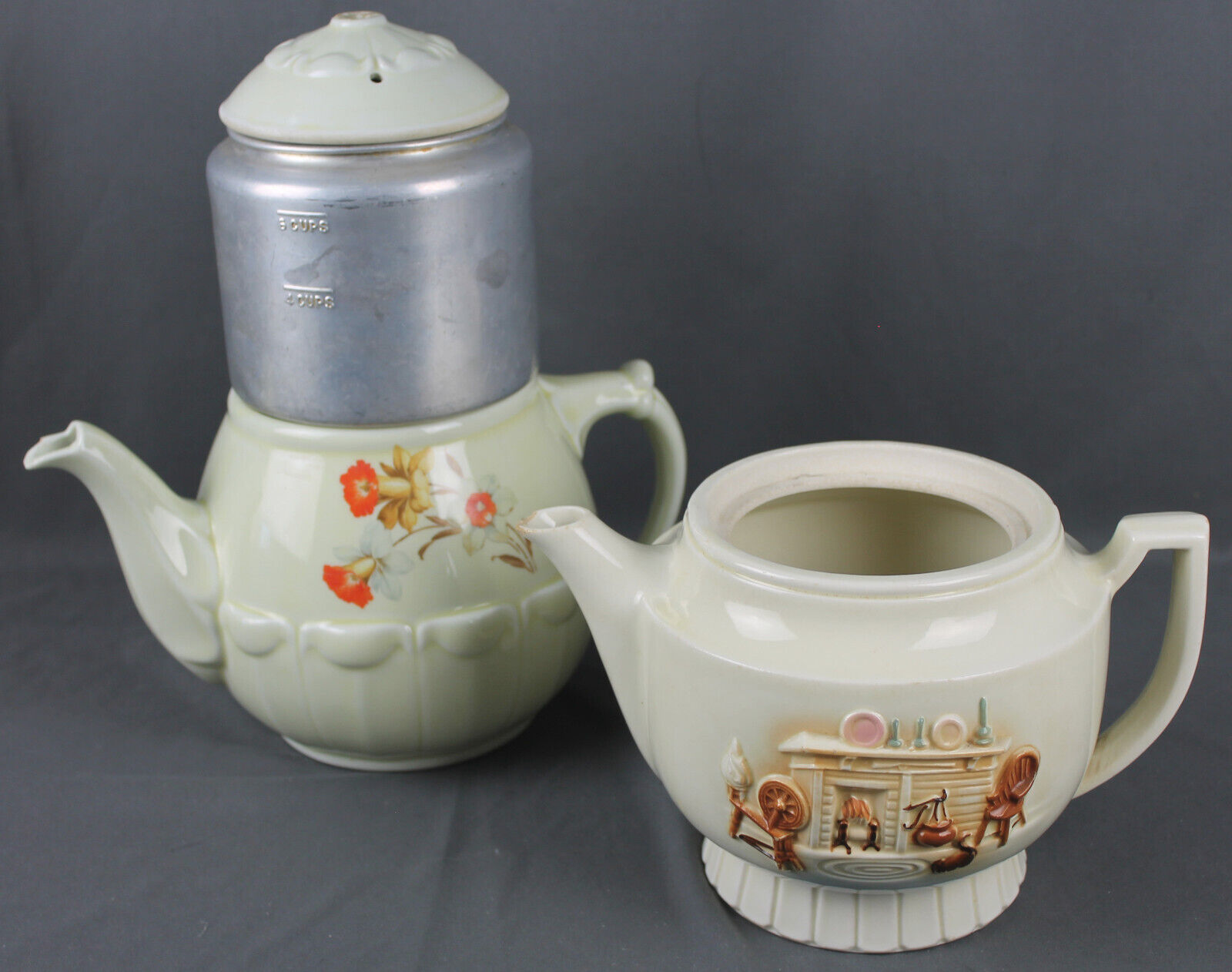 Two Vintage 1970s? Teapot Drip-O-Lator, Porcelier Imperfect/For Parts, Kitschy