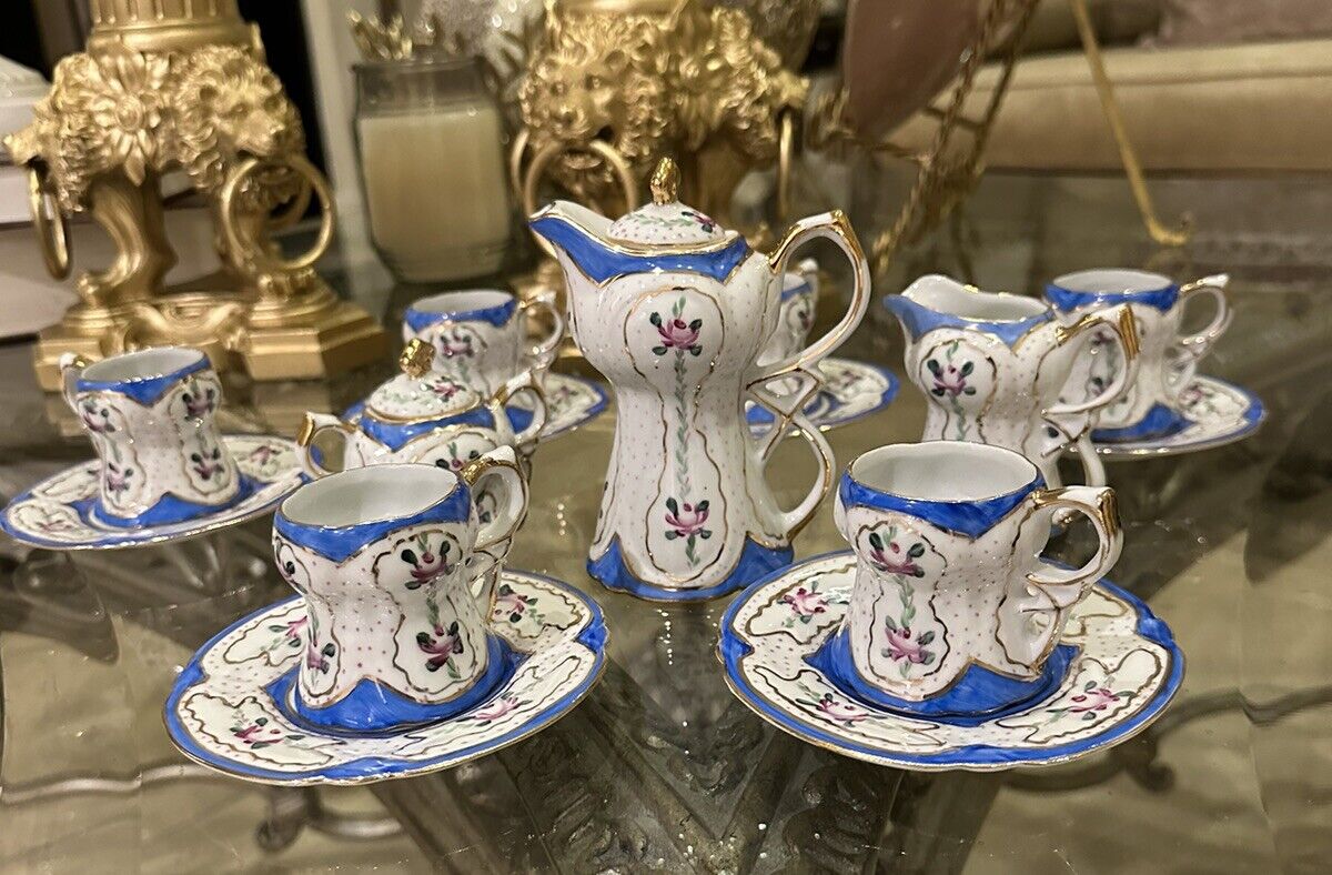 Vintage Limoges Tea Set Teapot Demitasse Cups Saucers Creamer Sugar Bowl 15pcs